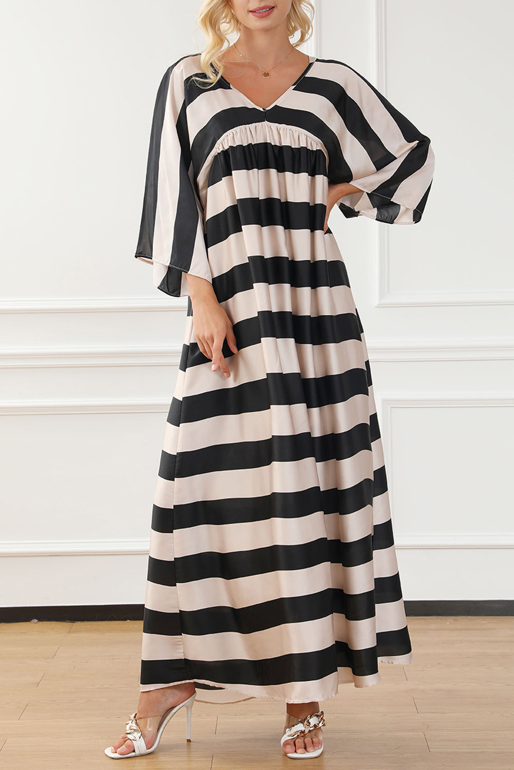 V Neck Kimono Sleeve Striped Maxi Dress