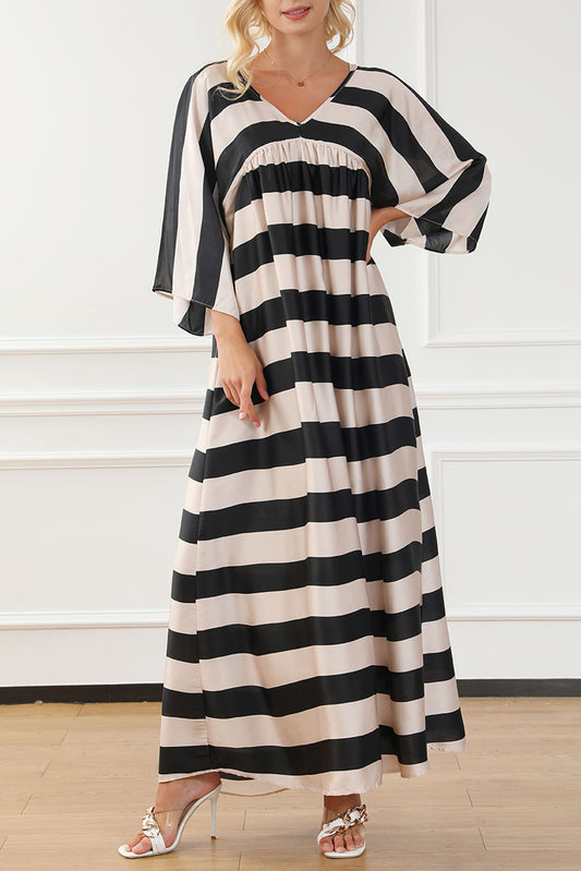 V Neck Kimono Sleeve Striped Maxi Dress