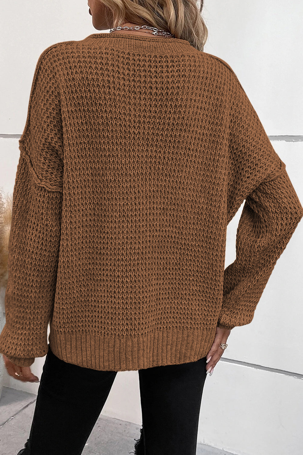 Pointelle Knit Button V Neck Drop Shoulder Sweater