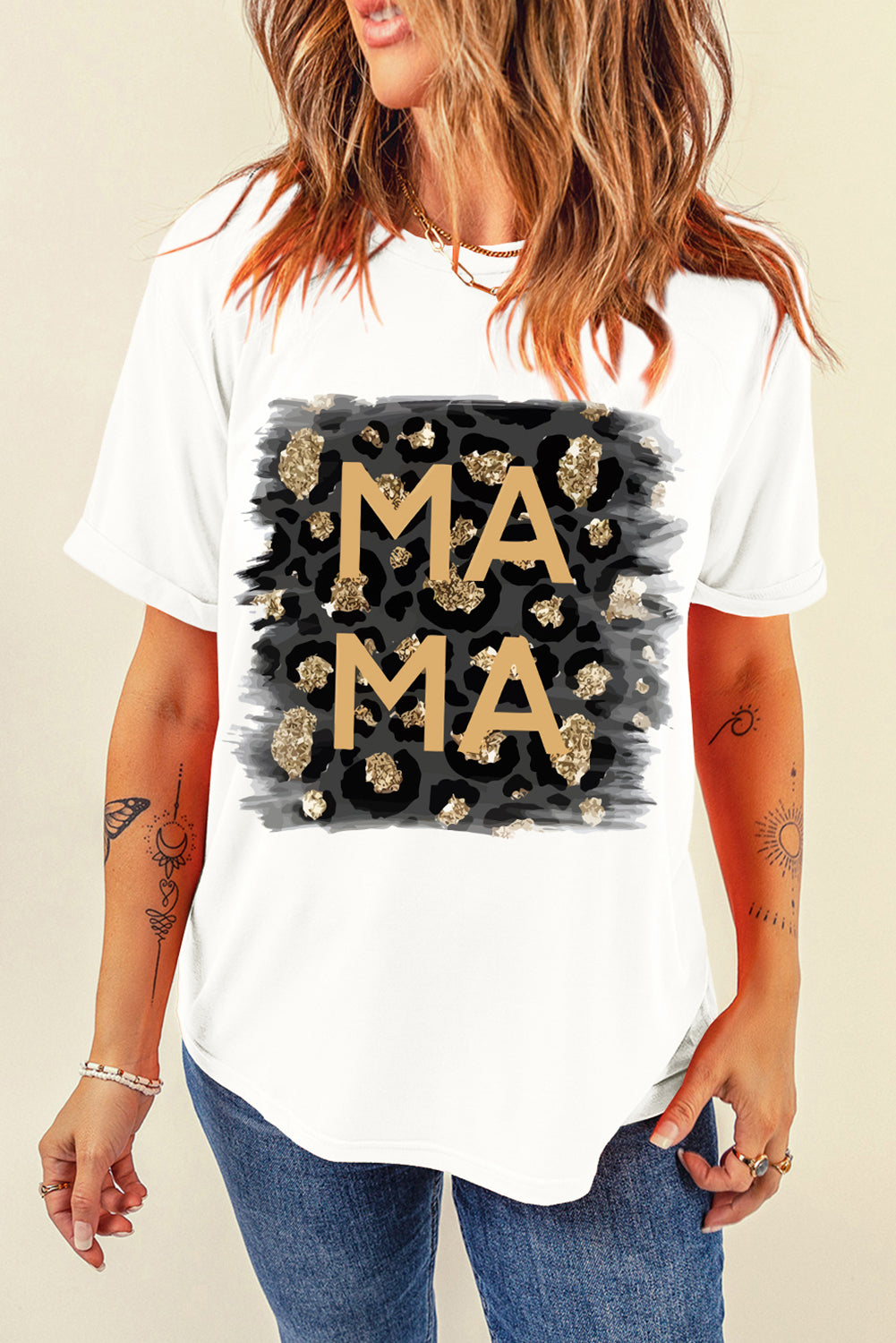 MAMA Leopard Color Block Crew Neck Casual Tee