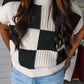 Checkered Color Block Crew Neck Short Sleeve Sweater