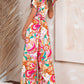 Floral Abstract Print Belted Keyhole Back Jumpsuit