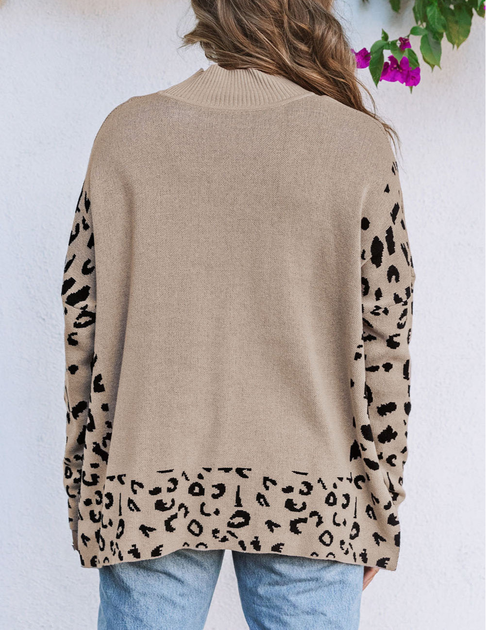 Sequin Turkey Leopard Mixed Pattern High Neck Sweater with Slits