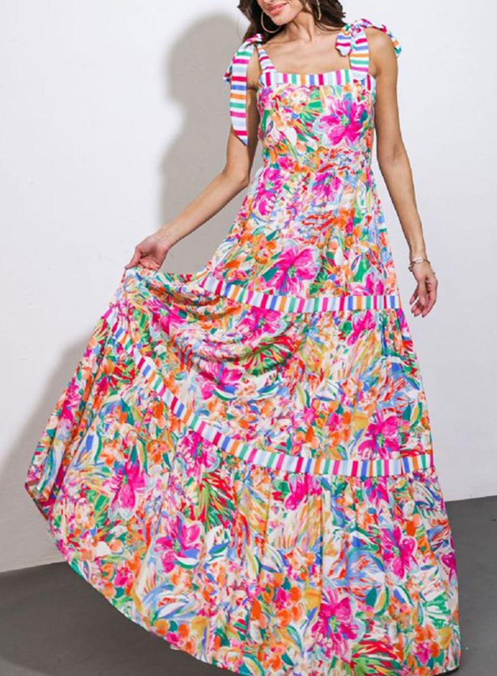 Striped Trim Self-tie Straps Floral Maxi Dress