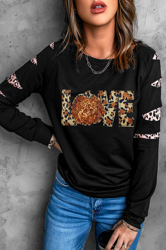 LOVE Sequin Pumpkin Leopard Print Cut Out Sleeve Sweatshirt