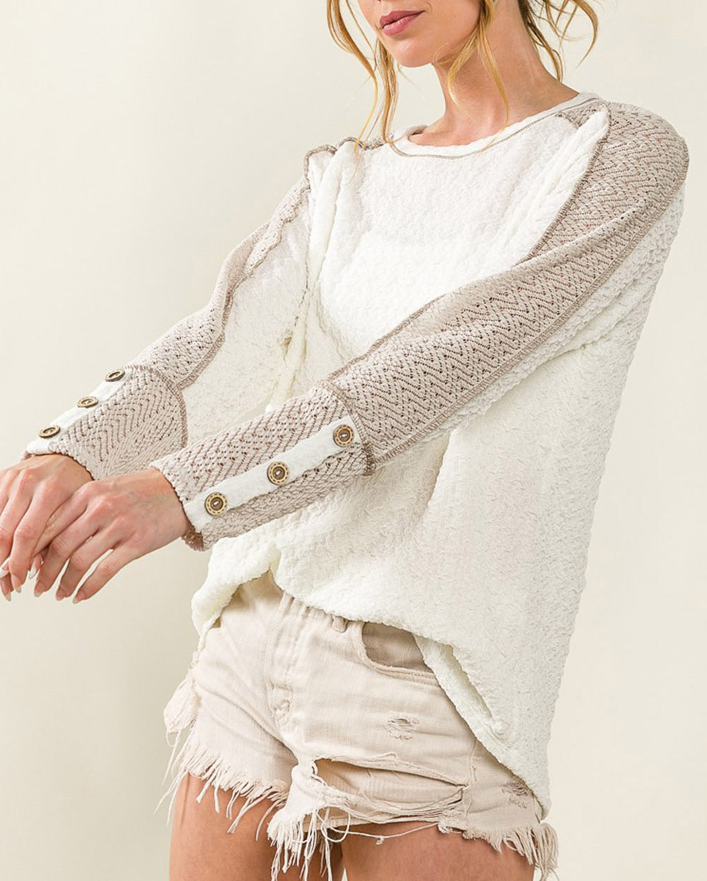 Exposed Seam Textured Patch Buttoned Sleeve Top