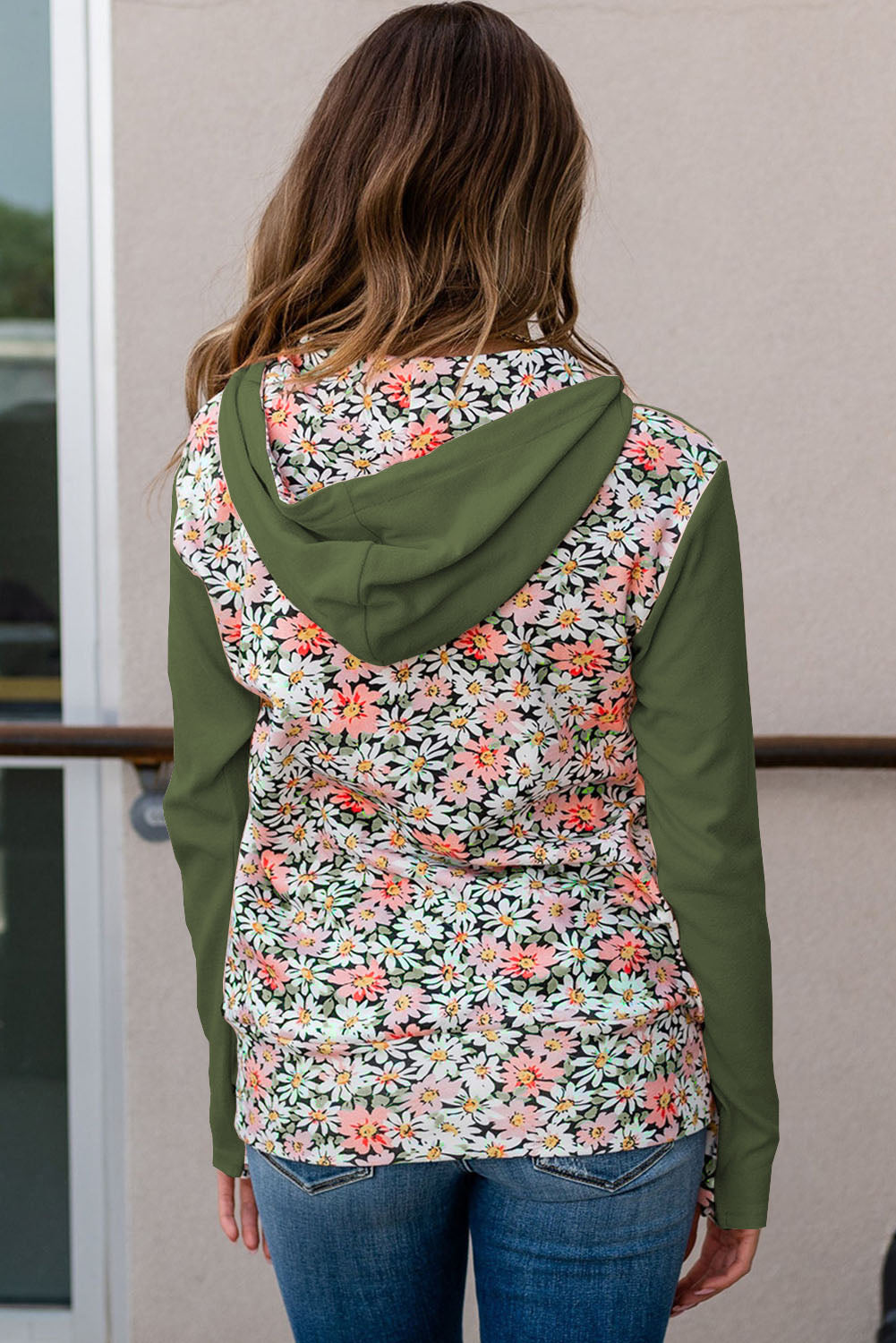 Floral Patch Half Zip Kangaroo Pocket Hoodie