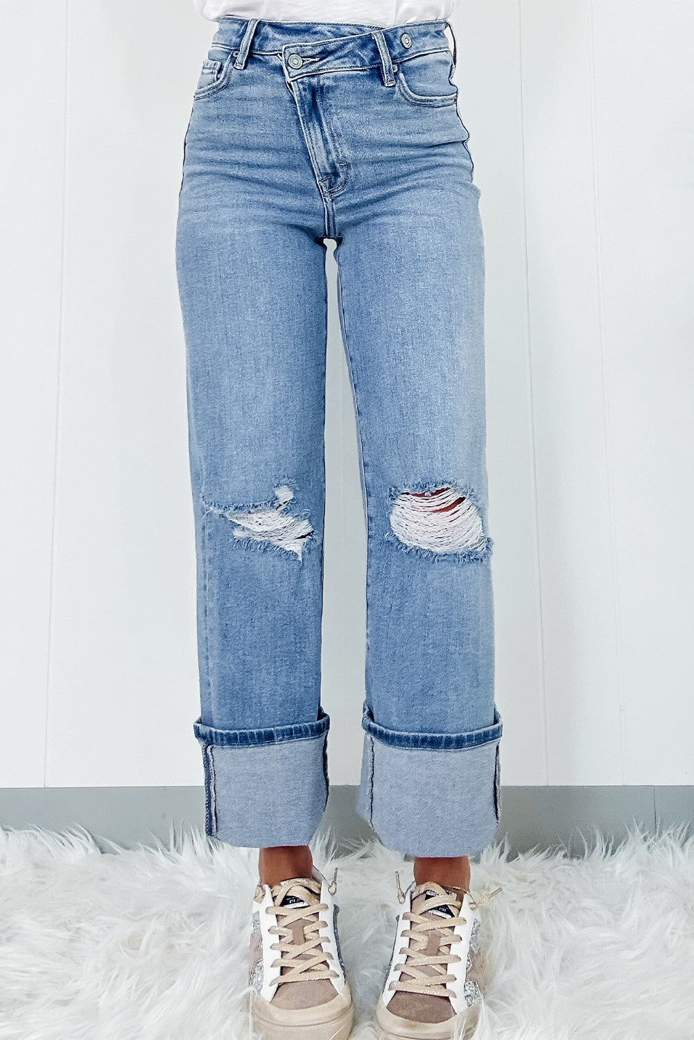 High Rise Asymmetric Button Zip Fly Ripped Jeans