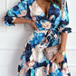 Abstract Floral Long Sleeve Tied Ruffle Dress