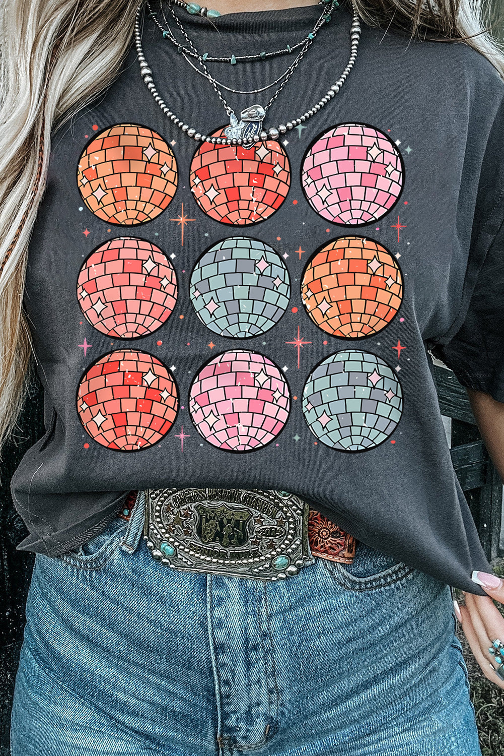 Disco Balls Print Crew Neck T Shirt