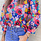 Mock Neck Bubble Sleeve Floral Print Blouse