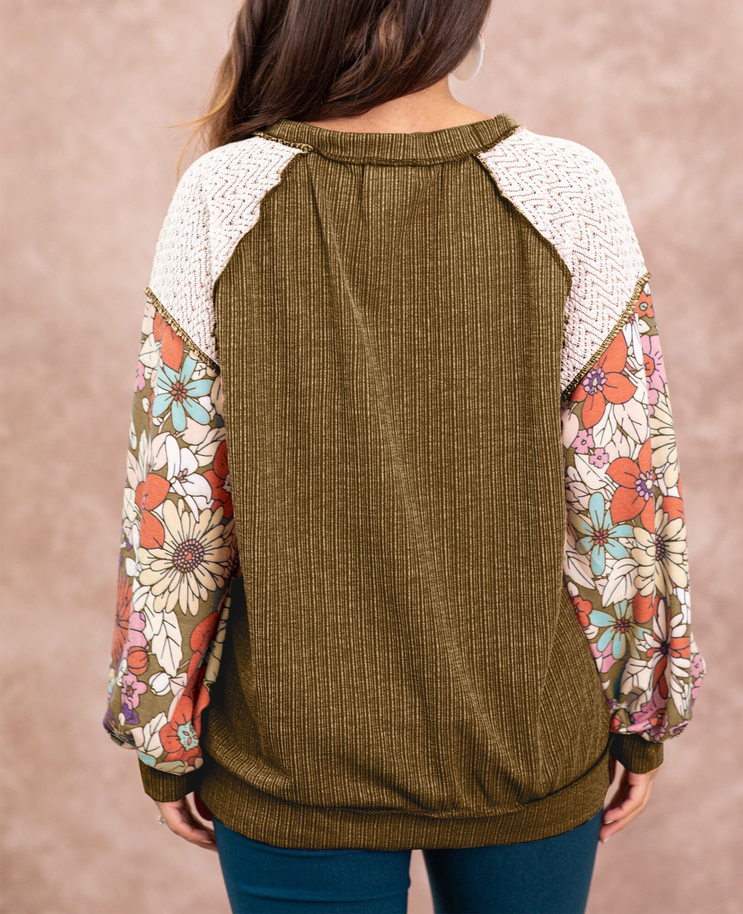 Floral Patchwork Puff Sleeve Textured Blouse