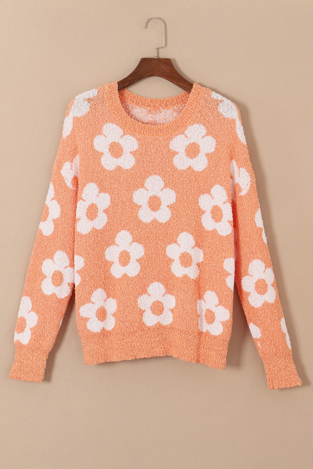 Fuzzy Floral Knitted Drop Shoulder Sweater