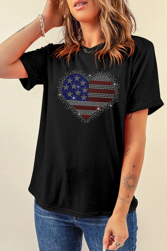 Rhinestone American Flag Heart Shape Graphic T Shirt