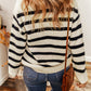 Striped Knit Drop Shoulder Collared V Neck Sweater