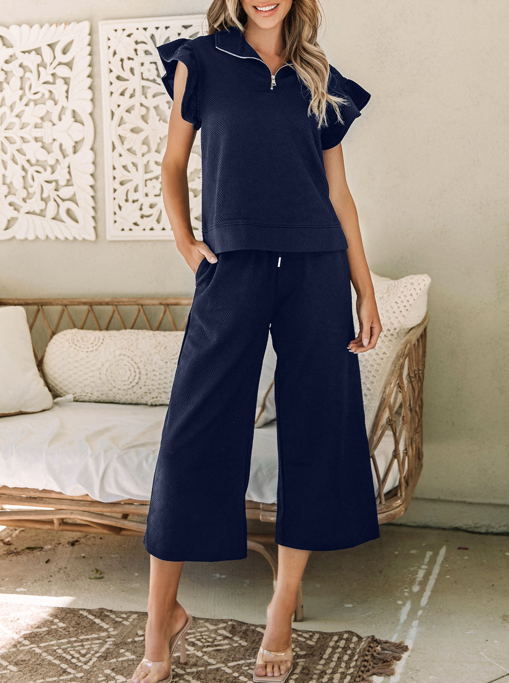 Textured Flutter Sleeve Top Wide Leg Pants Set