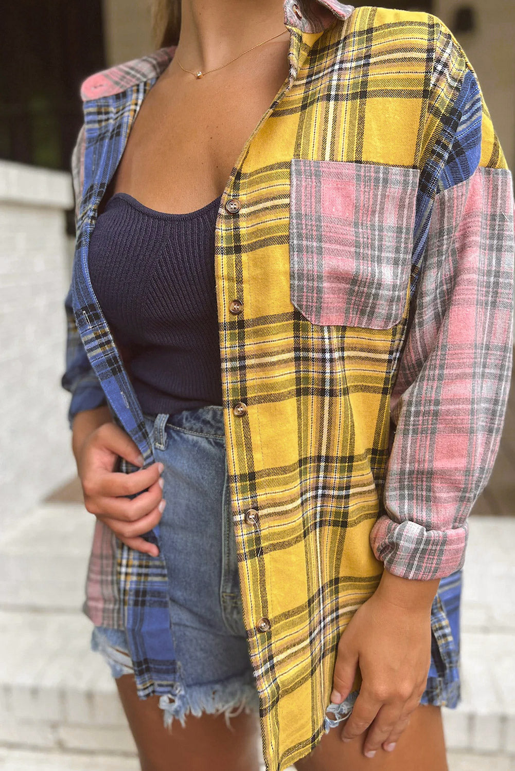 Plaid Colorblock Patchwork Shirt