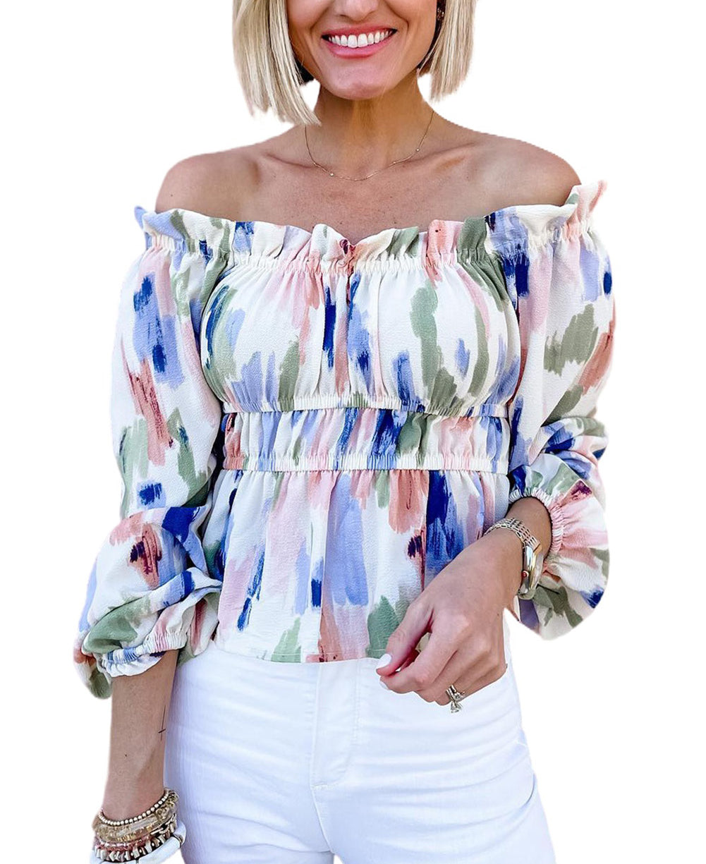 Frill Off Shoulder Bubble Sleeve Blouse