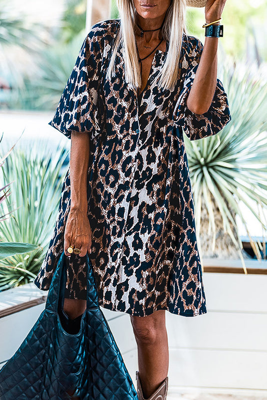 Leopard Puff Sleeve Buttons Front Shirt Dress