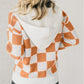 Checkered Split Neck Contrast Kangaroo Pocket Hooded Sweater