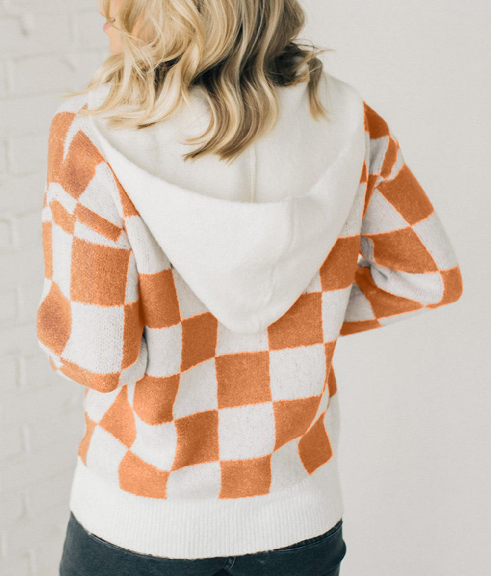 Checkered Split Neck Contrast Kangaroo Pocket Hooded Sweater