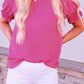 Rose Solid Color Smocked Puff Sleeve Blouse