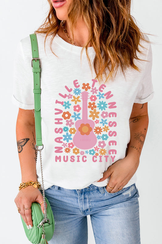 Floral Guitar NASHVILLE Slogan Graphic T Shirt