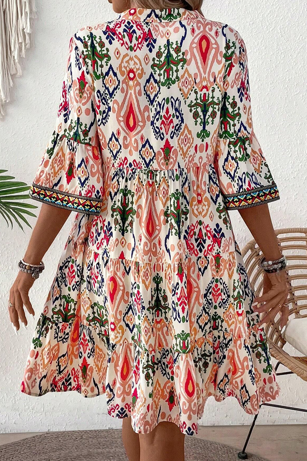 Boho Print V Neck Bracelet Sleeve Mini Dress