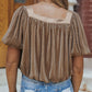 Pleated Puff Sleeve Square Neck Blouse