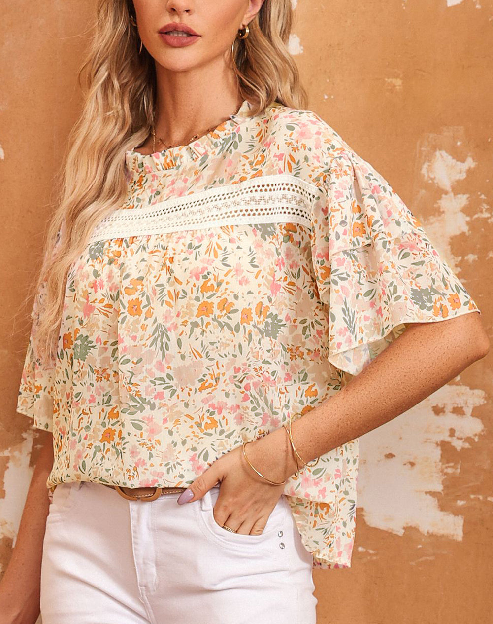 Floral Print Wide Ruffle Sleeves Blouse