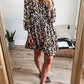 Leopard Print Buttoned Front 3/4 Sleeve Tiered Ruffled Hem Dress