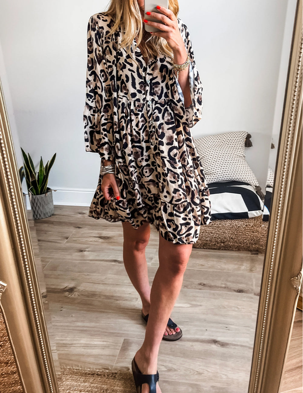 Leopard Print Buttoned Front 3/4 Sleeve Tiered Ruffled Hem Dress