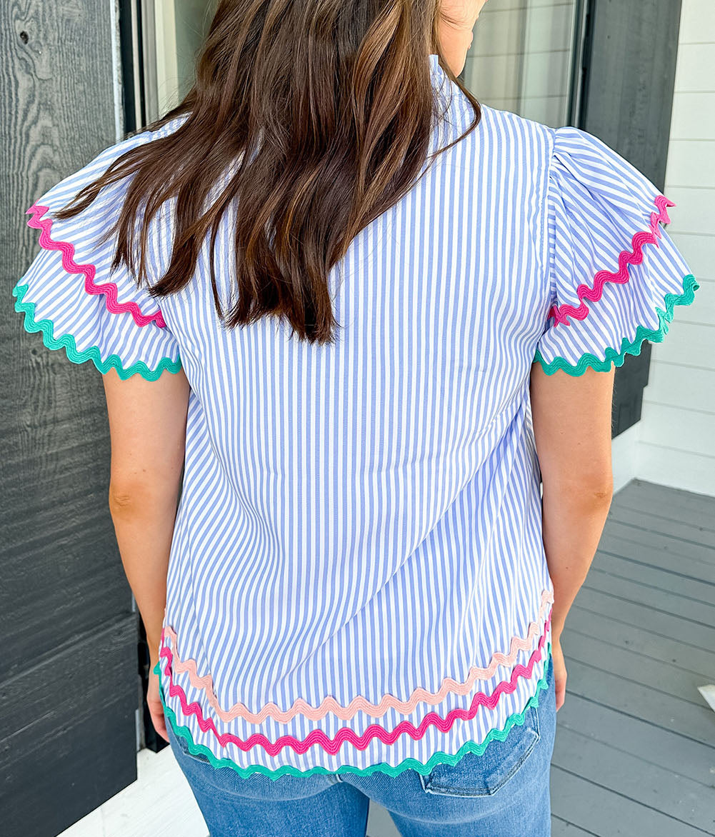 Stripe Ricrac Trim Split Neck Striped Ruffled Sleeve Blouse
