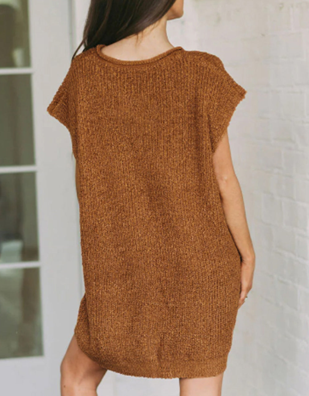 Solid Color Short Sleeve Notched V Neck Sweater Dress