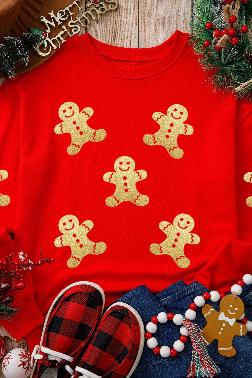 Cute Gingerbread Print Christmas Pullover Sweatshirt