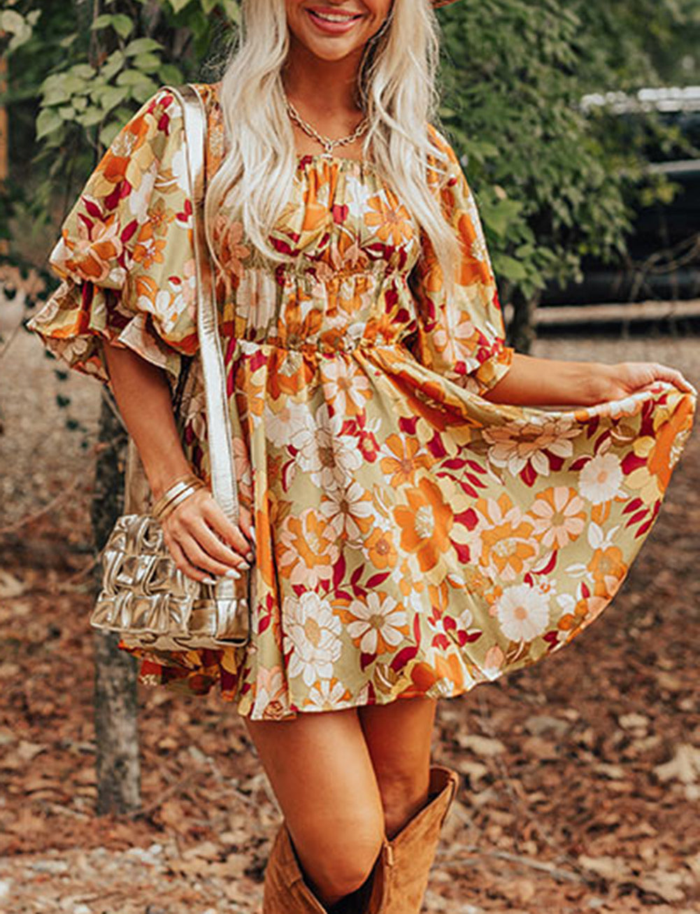 Ruffled Puff Short Sleeve Floral Dress