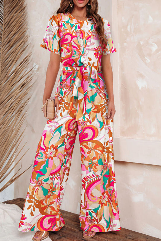 Floral Abstract Print Belted Keyhole Back Jumpsuit