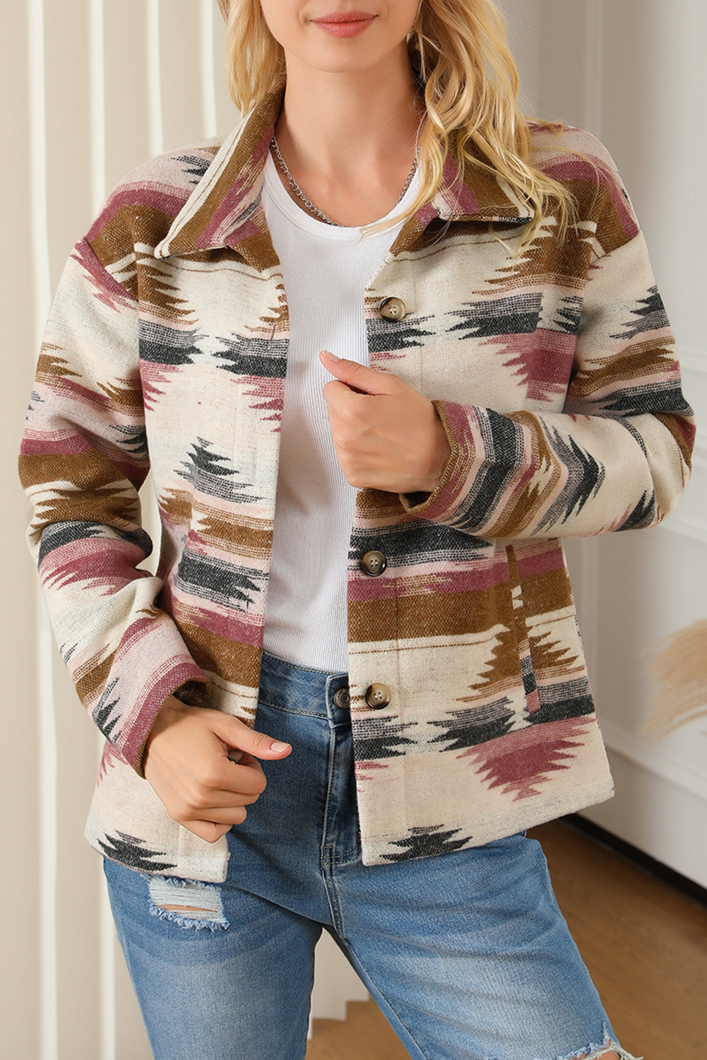 Aztec Print Button Up Long Sleeve Jacket