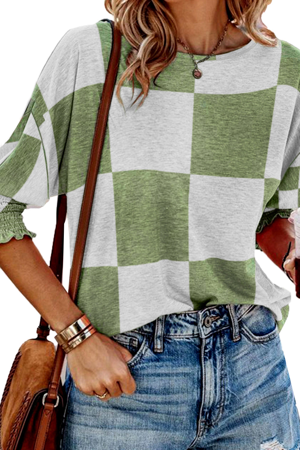 Mix Checkered Print Shirred Cuffs Blouse