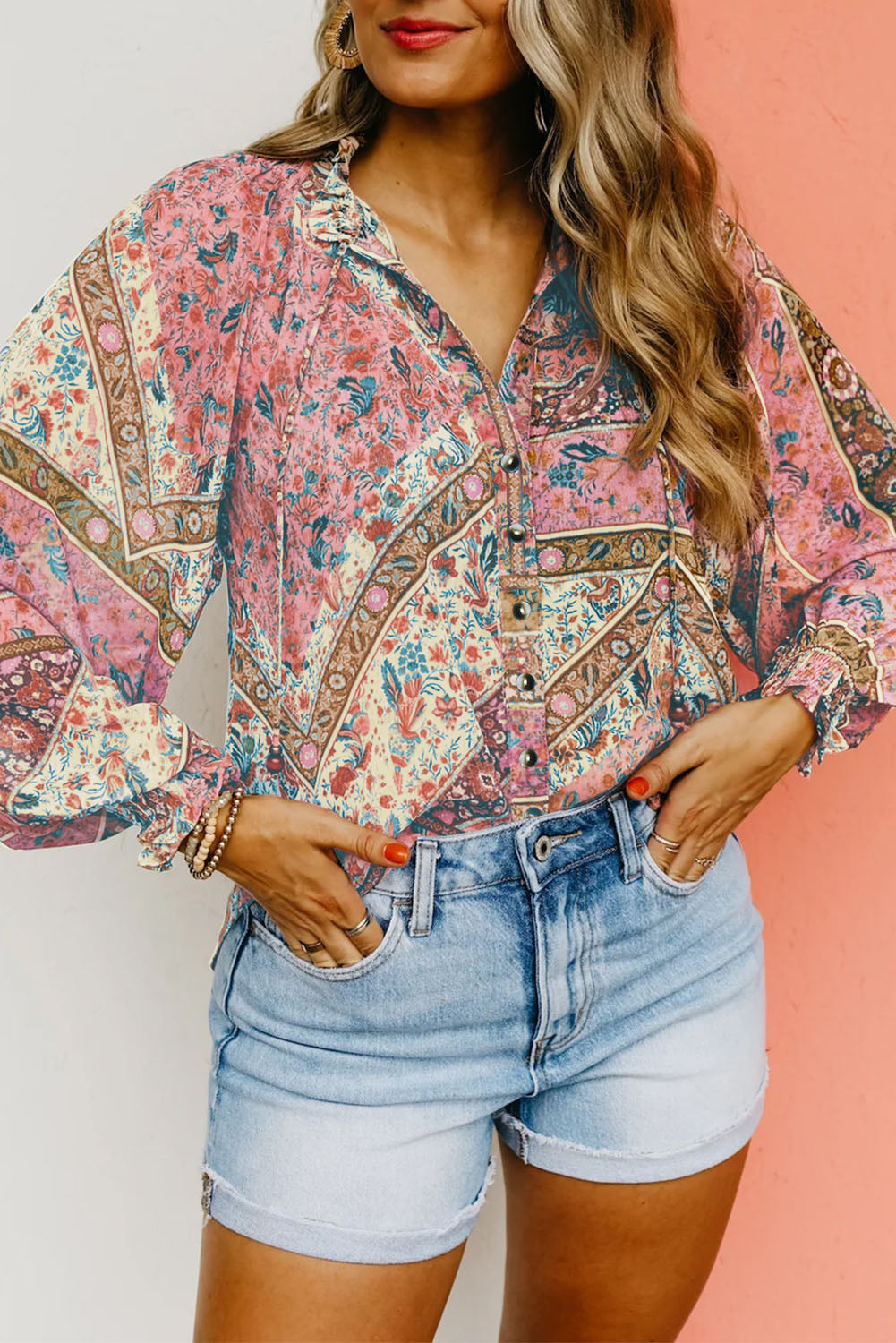Vintage Floral Print Puff Sleeve Buttoned Shirt