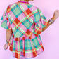 Colorful Plaid V Neck Ruffled Short Sleeve Babydoll Top