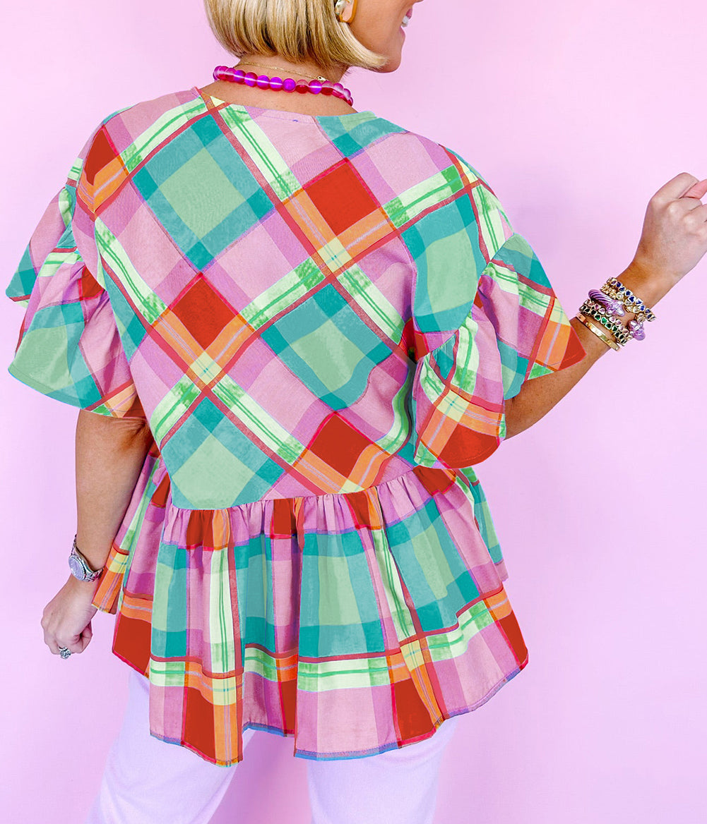 Colorful Plaid V Neck Ruffled Short Sleeve Babydoll Top