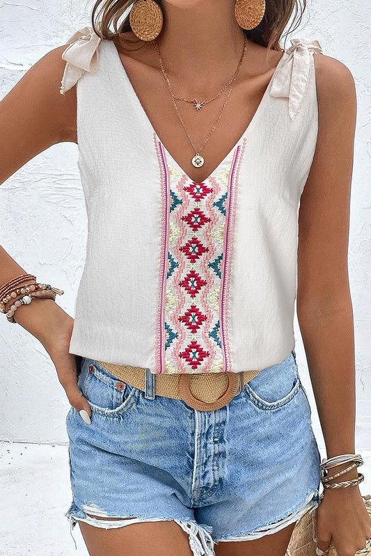 Floral Embroidered Knot Straps Textured Tank Top