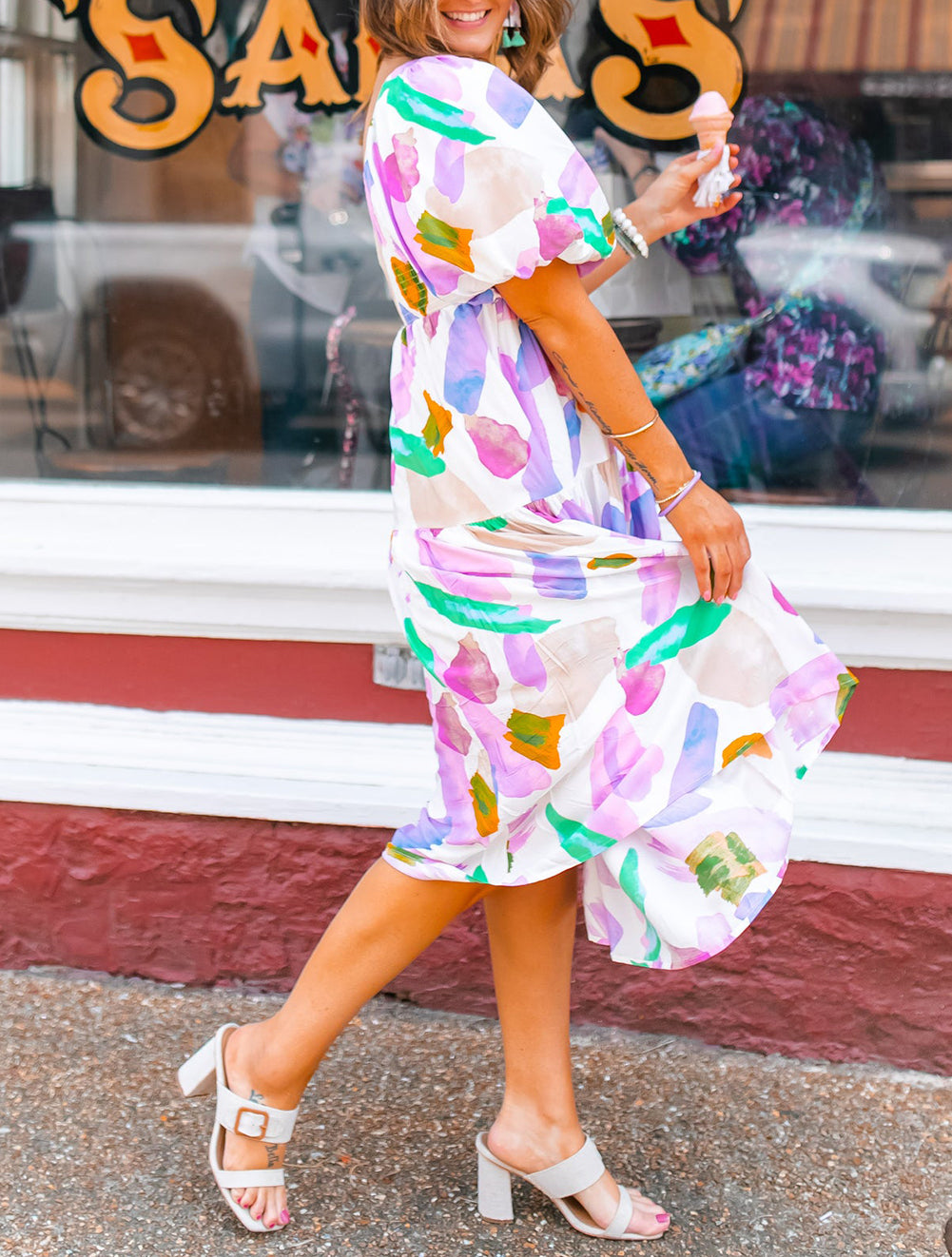 Abstract Print Puff Sleeve Smocked Back Midi Dress