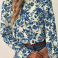 Floral Print Flounce Sleeve Keyhole Back Blouse