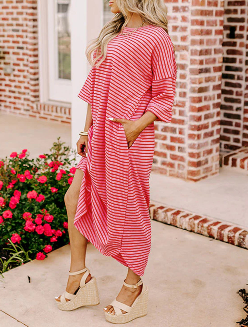 Striped 3/4 Sleeve Round Hem Shift T Shirt Dress