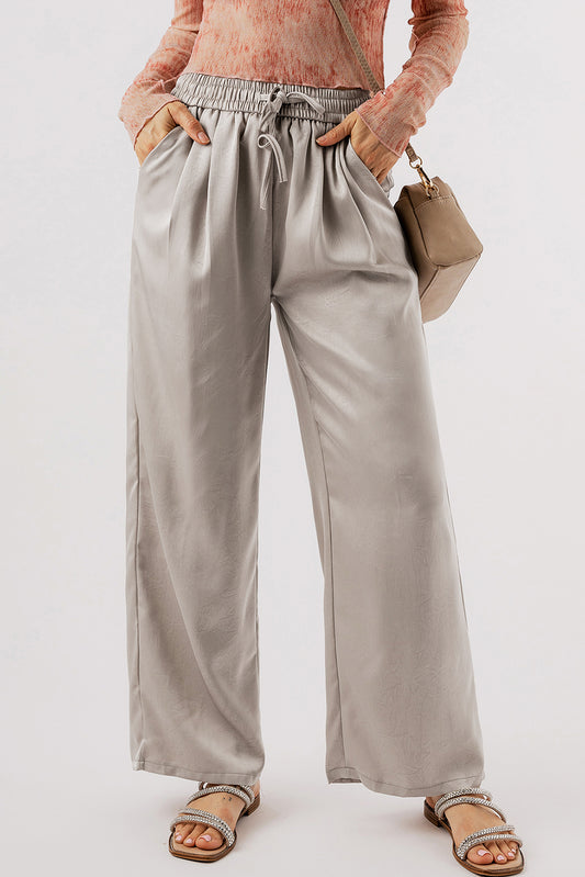 Solid Pleated Lace-up High Waist Wide Leg Pants