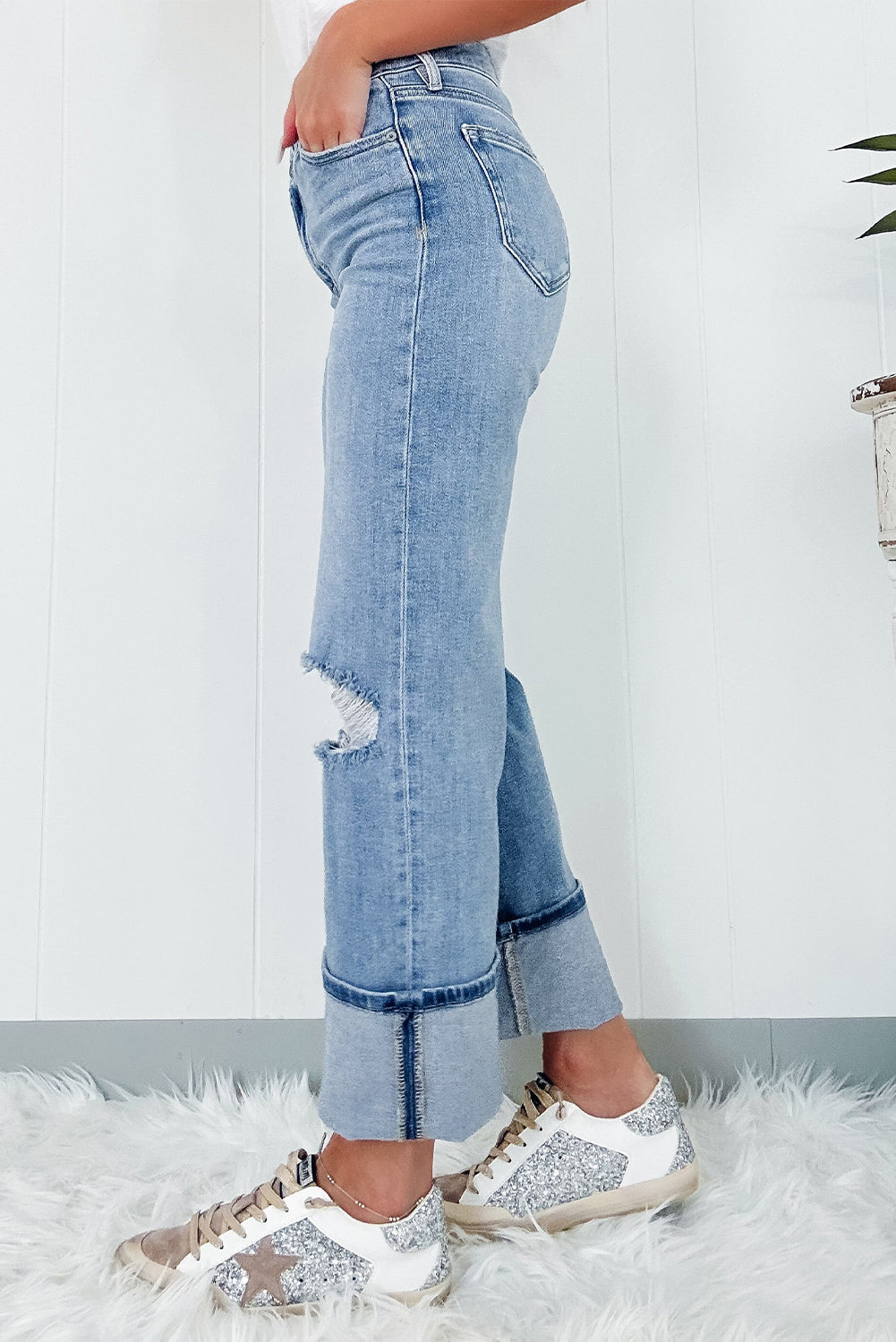 High Rise Asymmetric Button Zip Fly Ripped Jeans