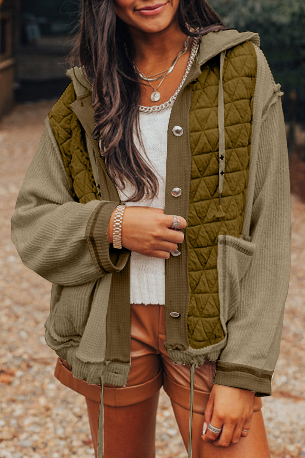 Quilted Textured Patchwork Loose Fit Hooded Jacket