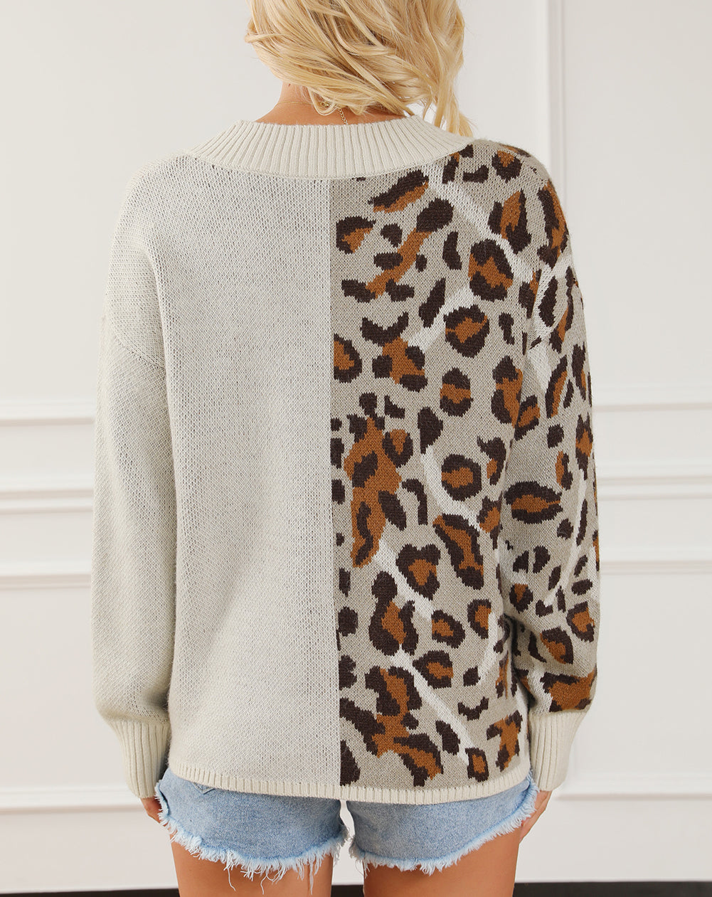 Color Block V Neck Drop Shoulder Knit Sweater